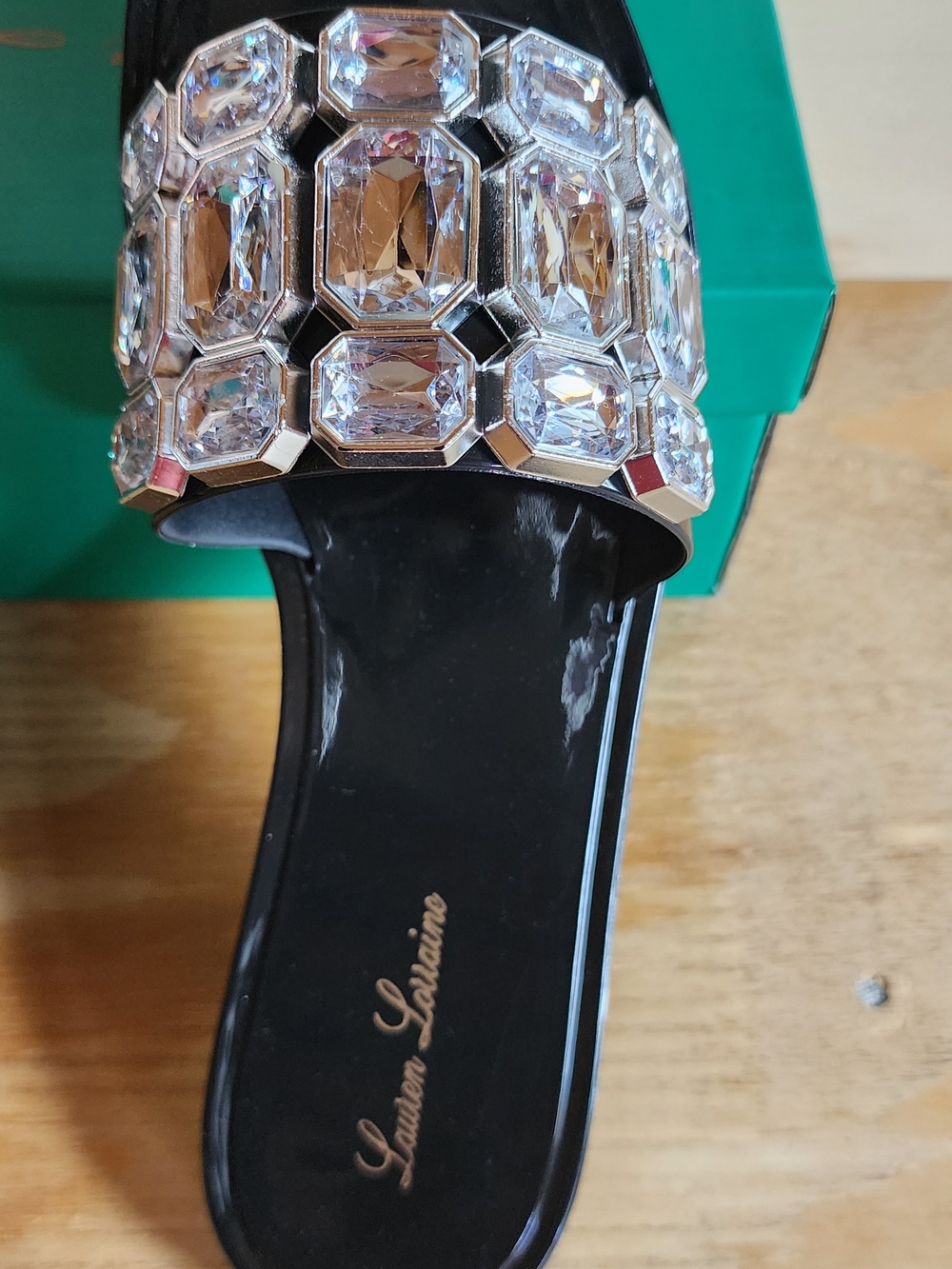 NEW!! Lauren Lorraine Black Slide Sandals with Crystal Embellishment, Sz 9.5,NWT - Picture 3 of 6